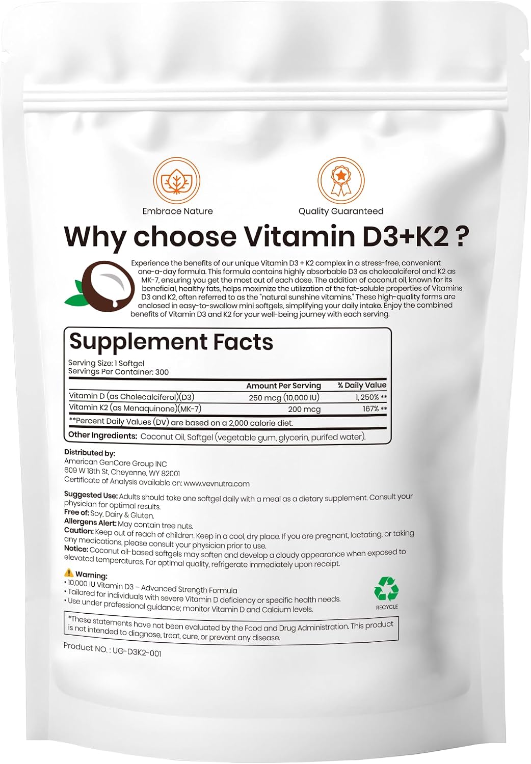 VEV Vitamin D3 K2 10,000 IU, 200 mcg K2, 300 Coconut Oil Softgels