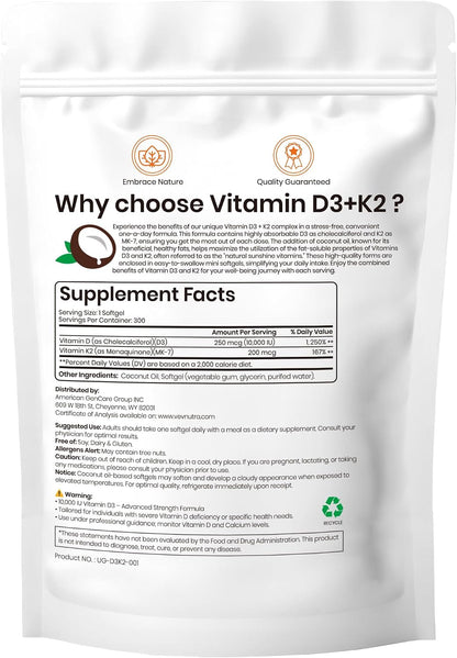 VEV Vitamin D3 K2 10,000 IU, 200 mcg K2, 300 Coconut Oil Softgels
